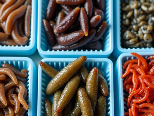 様々な種類の活き餌が入ったバケツ