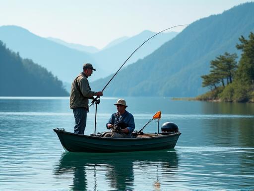ガイドと顧客が湖で魚を釣る様子