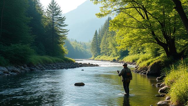 日本の美しい渓流でのフライフィッシングの風景